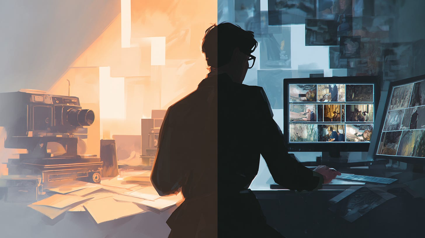 Split screen of person working at a desk, the left is an old camera, the right is a computer monitor.