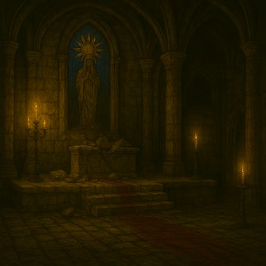 Create a gothic, candlelit image of the chapel inside Castle Ravenloft, without any thrones present. Show a ruined stone altar at the center beneath a tall stained-glass window depicting a faded celestial figure. The chapel should feature cracked stone columns, pointed arches, and a vaulted ceiling. Candles flicker along wrought-iron stands, casting long shadows across the worn stone floor. The atmosphere is solemn, eerie, and sacred, with hints of long-forgotten sanctity lingering in the air.