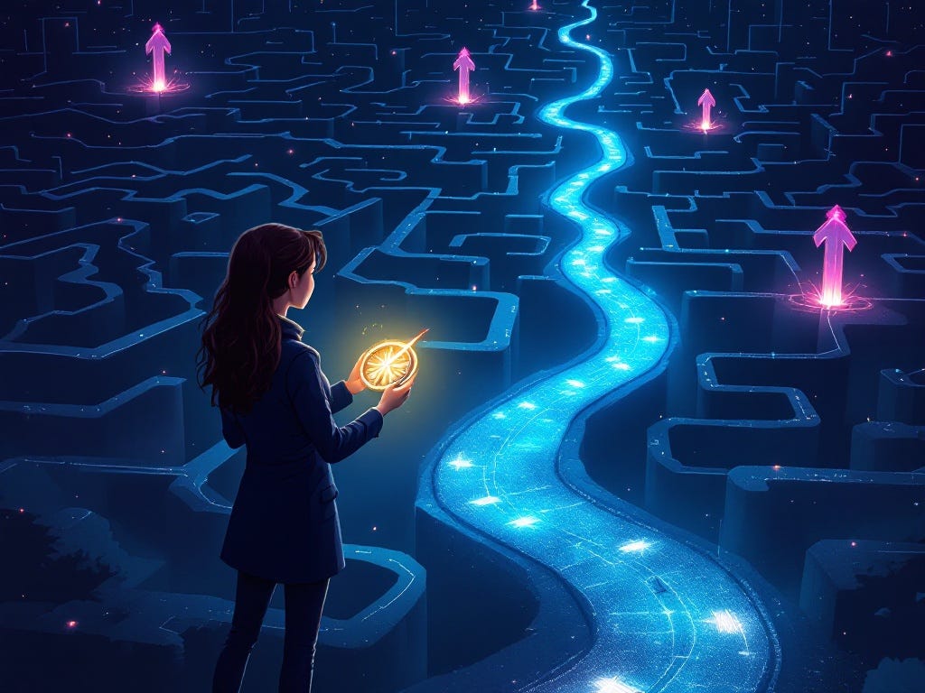 A dark-themed, cartoon-style image of a Business Analyst standing in front of a maze of interconnected paths — some leading to clarity, others to chaos — while holding a glowing compass. The vibe should suggest navigating complexity and finding the right way forward. No text in the image.