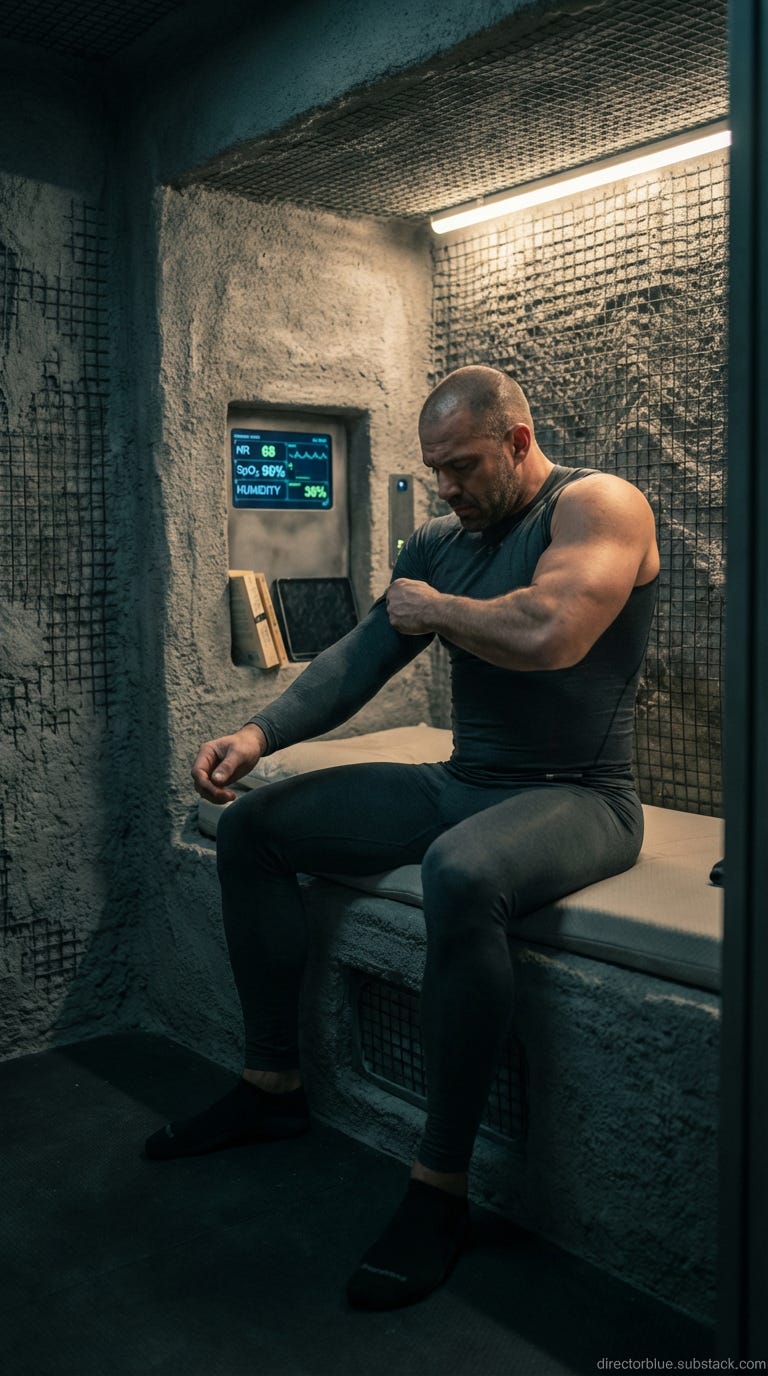 Hyper-detailed 9x16 photographic image promptUltra-realistic photographic portrait 9x16 vertical format Interior of a cramped underground lunar habitat berth carved into gray sintered regolith walls A 35-year-old man sits on the edge of a na_image_1