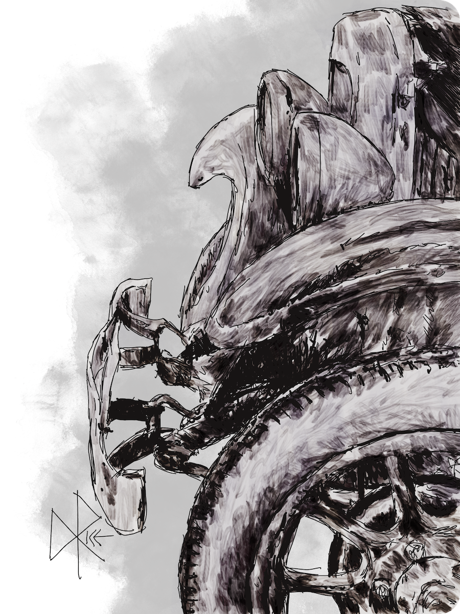 A close-up profile of the nose of a Ford Model T, highlighting the fender and headlight assembly. Sketch art by Don Rice. A close-up profile of the nose of a Ford Model T, highlighting the fender and headlight assembly. Sketch art by Don Rice.