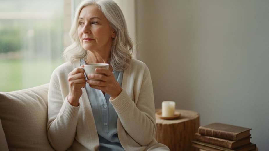Older woman sitting by a window holding a cup of tea, looking thoughtfully outside in soft morning light.