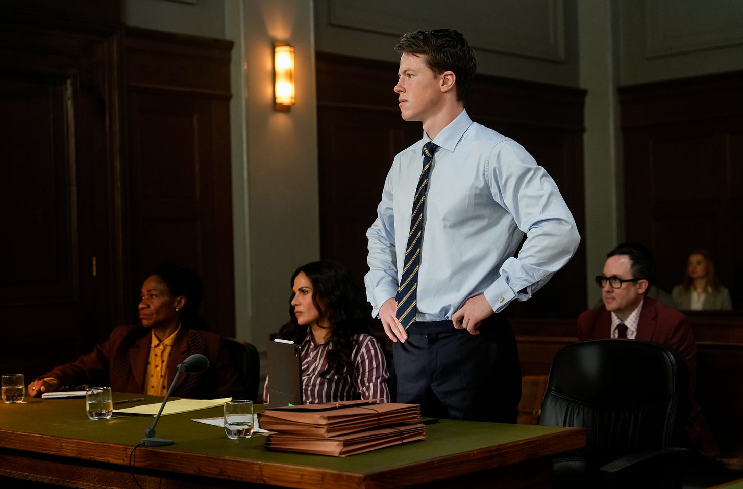 Ep# 202 -- (L-R) Karen Bryson, Lana Parrilla, Milo Callaghan and PJ Byrne in THE RAINMAKER "Cards Up" inside the courtomm