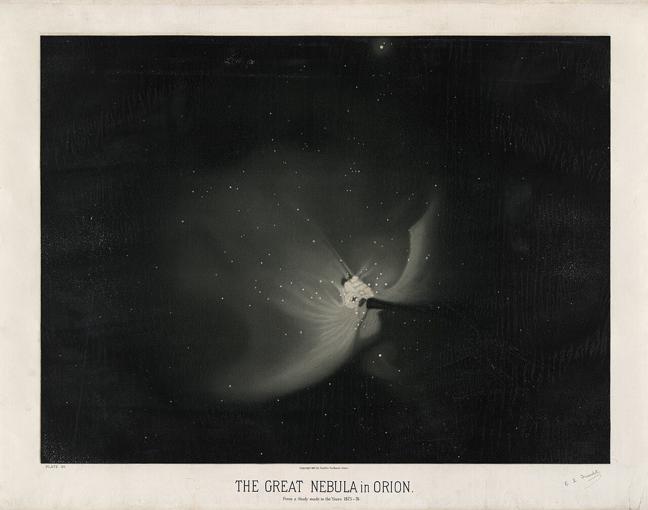 Trouvelot's chromolithograph of the Great Nebula in Orion, a pale cloud of gas glowing against a black sky
