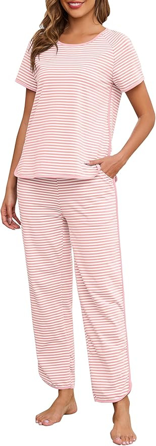 Namatime Womens Pajama Sets Cotton 2 Piece Lounge Set Stripe Short Sleeve Pj Set Comfy Loungewear Sleepwear with Pockets