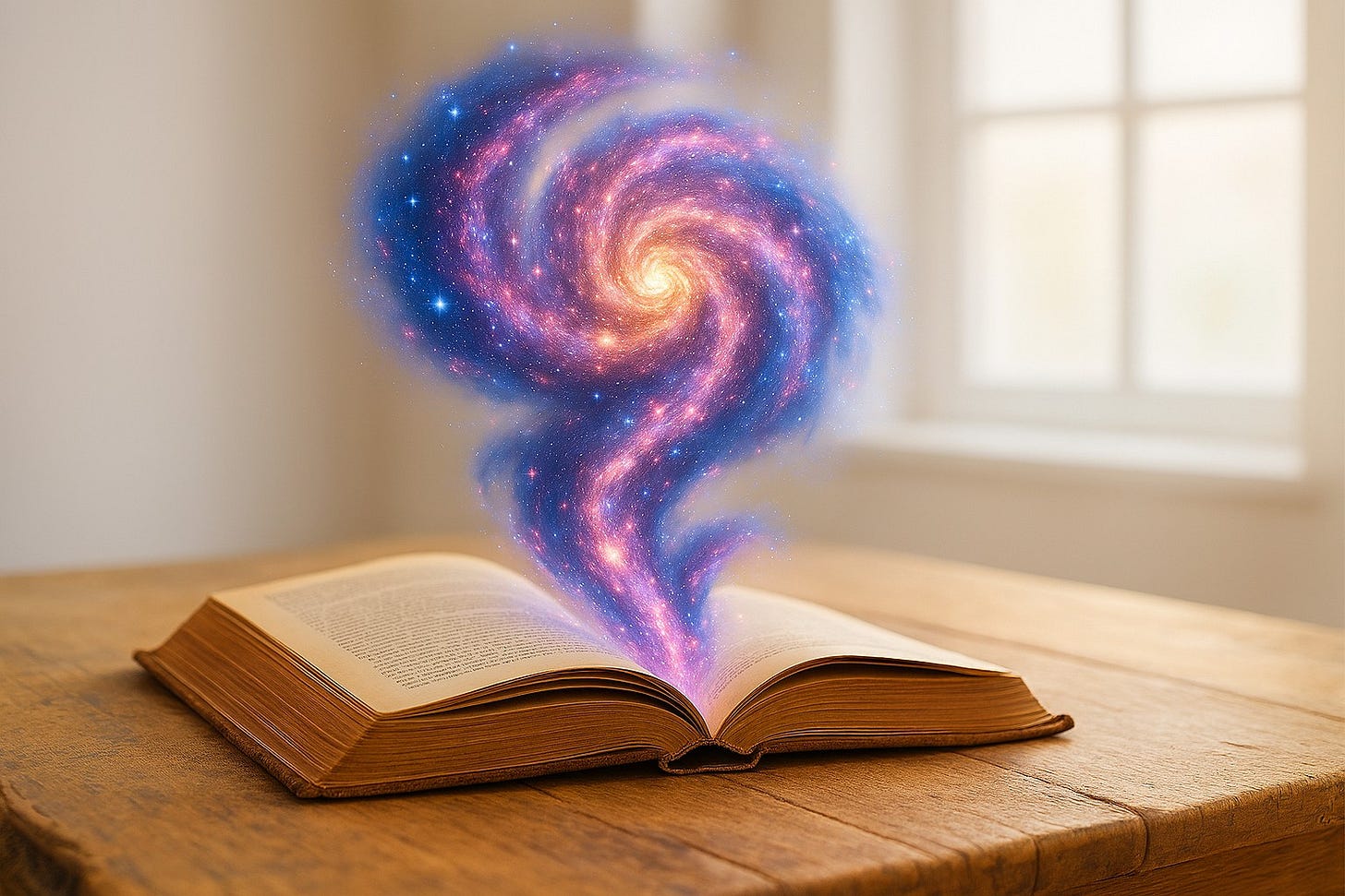 An open book on a wooden desk, with a glowing galaxy and stars spiraling out from its pages into a brightly lit room. An open book on a wooden desk, with a glowing galaxy and stars spiraling out from its pages into a brightly lit room.