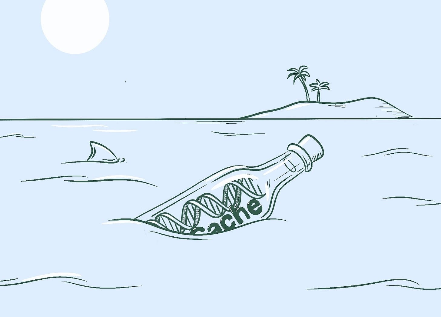 Cartoon depicting cacheDNA in a bottle in the ocean, with a shark fin in the water and a tropical island in the distance Cartoon depicting cacheDNA in a bottle in the ocean, with a shark fin in the water and a tropical island in the distance