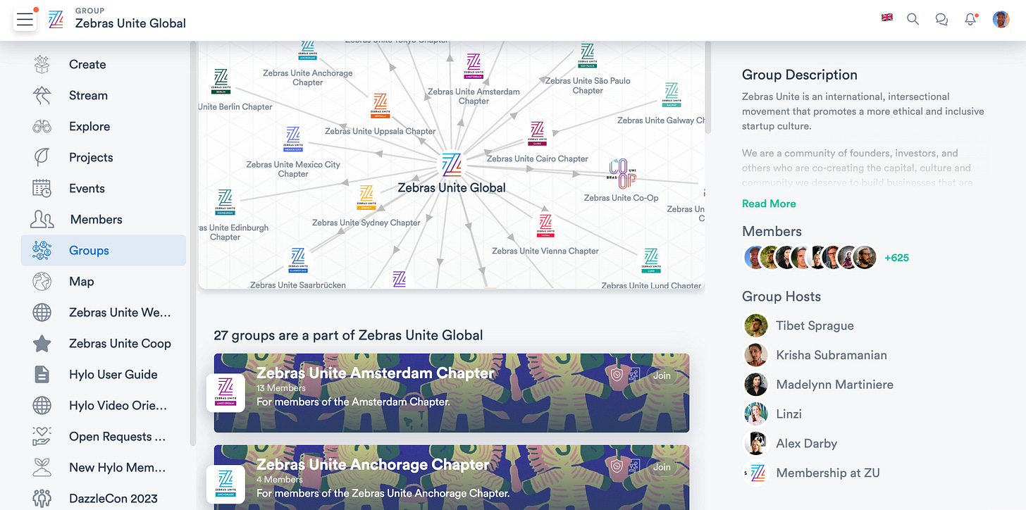 A a screenshot of a website, with a menu at left, a spider-web graphic of interconnected icons with titles like “Zebras Unite Global,” “Zebras United Cairo Chapter” and “Zebras Unite Co-Op” in the center, and a column at right reading “Group Description.”
