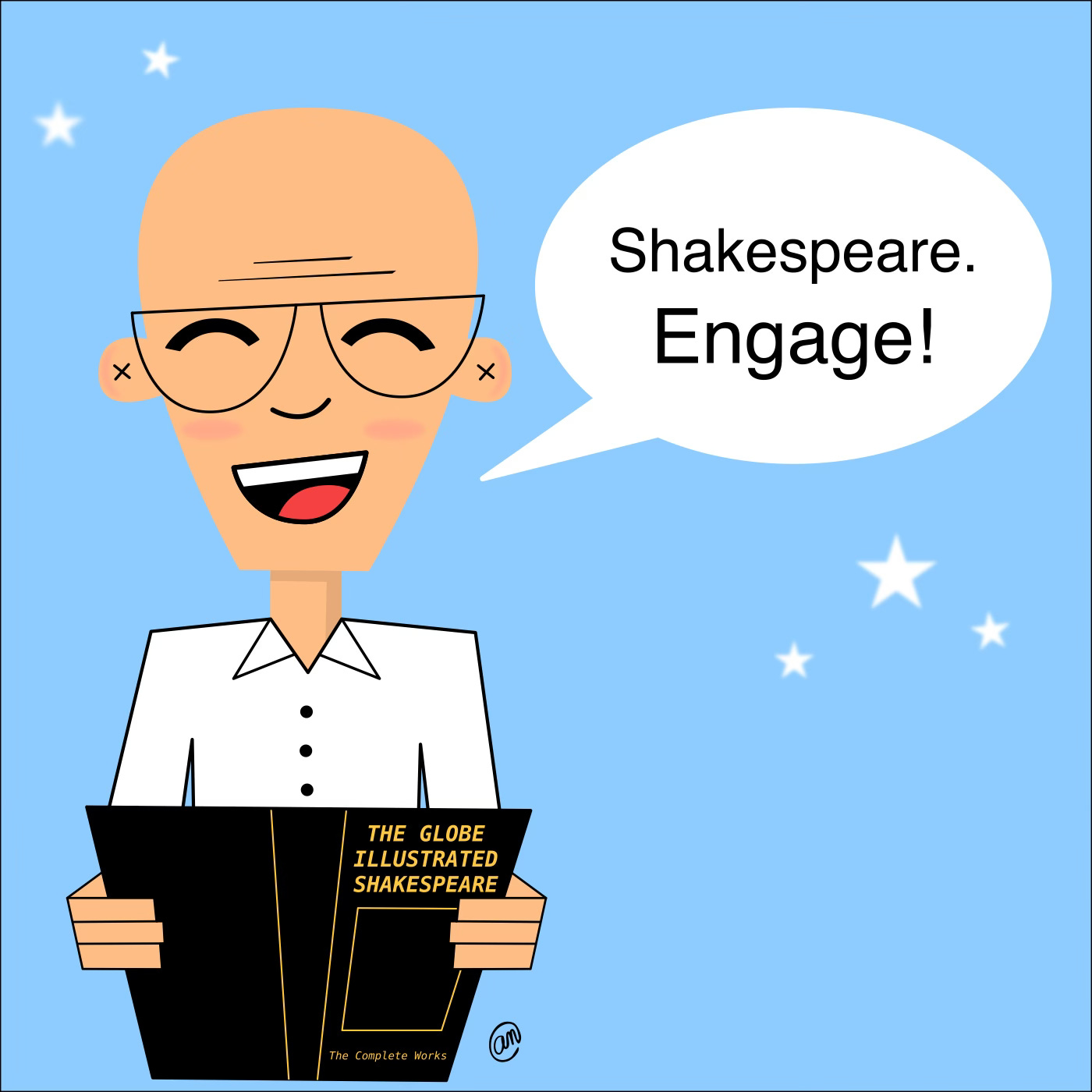 an illustration of actor Patrick Stewart reading a book