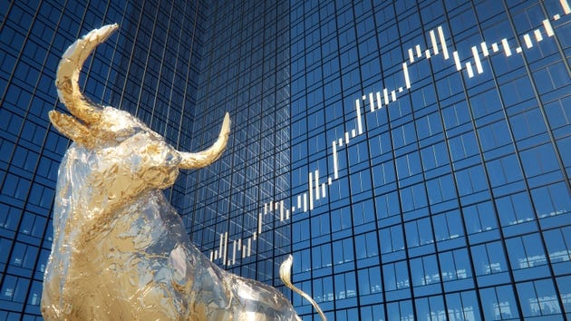 Stock Chart Emerging In Front Of An Urban Glass Facade, Golden Bull Sculpture In Foreground - Stock Market, Financial Technology, Corporate Business, Bull Market