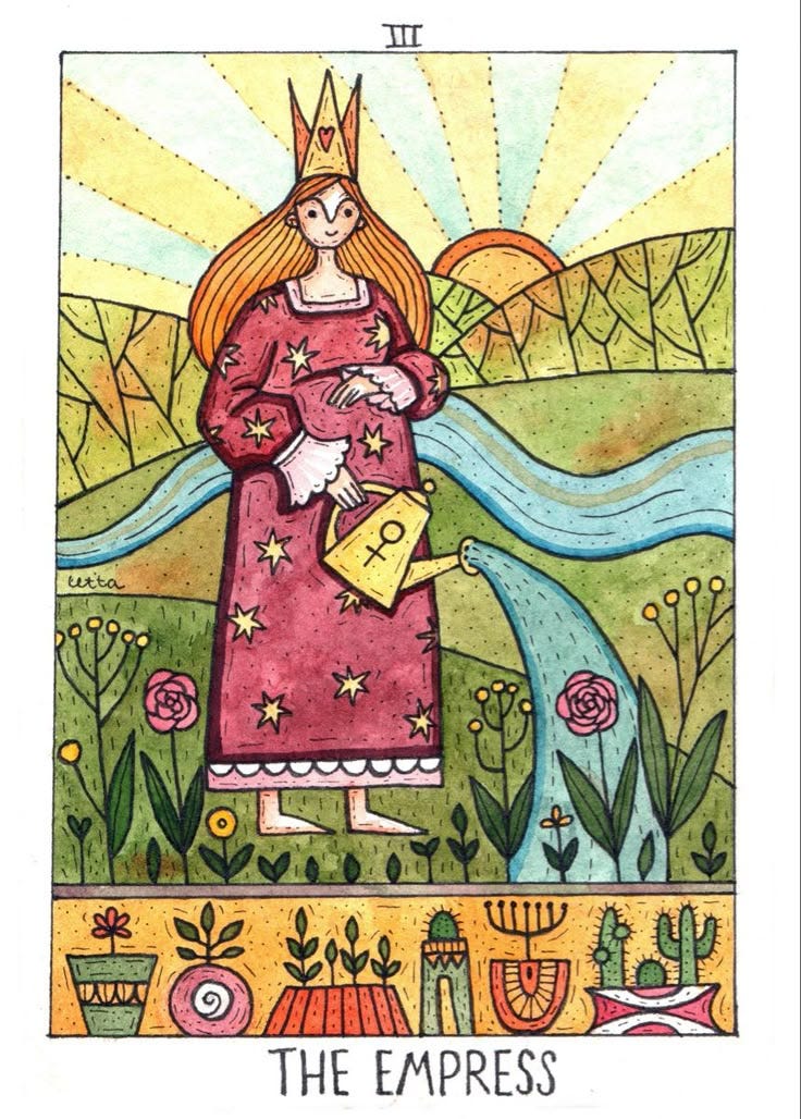 This may contain: a tarot card with an image of a woman holding a baby in her arms
