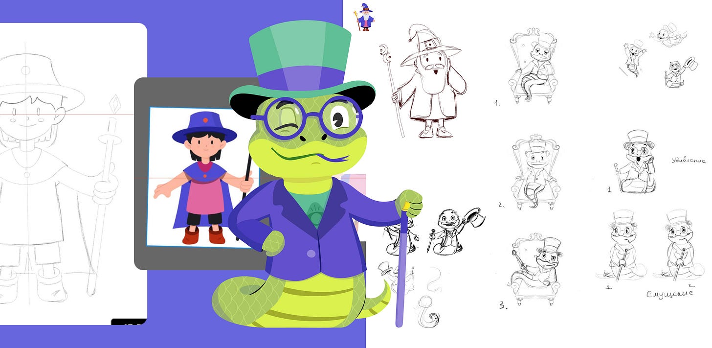 Early pencil sketches of the lizard mascot beside the finished coloured character on a tablet screen. Early pencil sketches of the lizard mascot beside the finished coloured character on a tablet screen.