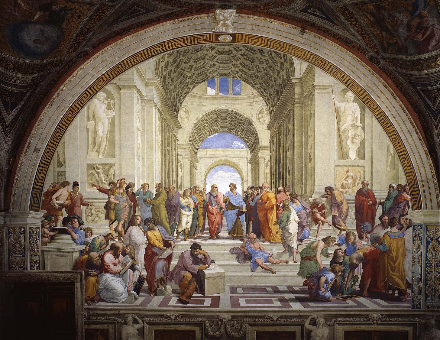 A vast vaulted hall with philosophers gathered on steps, its paved floor and rows of arches running back toward the center. A vast vaulted hall with philosophers gathered on steps, its paved floor and rows of arches running back toward the center.