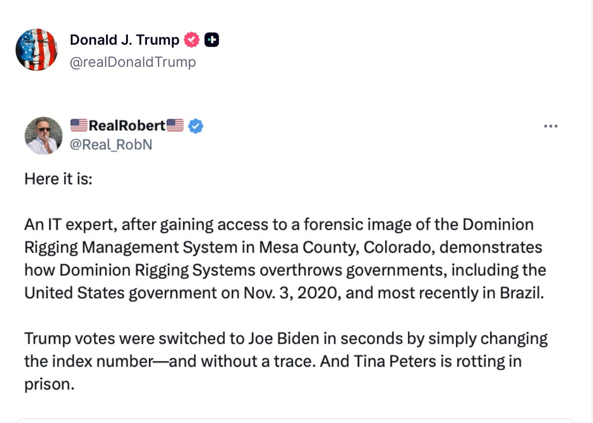 Here it is: An IT expert, after gaining access to a forensic image of the Dominion Rigging Management System in Mesa County, Colorado, demonstrates how Dominion Rigging Systems overthrows governments, including the United States government on Nov. 3, 2020, and most recently in Brazil. Trump votes were switched to Joe Biden in seconds by simply changing the index number-and without a trace. And Tina Peters is rotting in jail Here it is: An IT expert, after gaining access to a forensic image of the Dominion Rigging Management System in Mesa County, Colorado, demonstrates how Dominion Rigging Systems overthrows governments, including the United States government on Nov. 3, 2020, and most recently in Brazil. Trump votes were switched to Joe Biden in seconds by simply changing the index number-and without a trace. And Tina Peters is rotting in jail