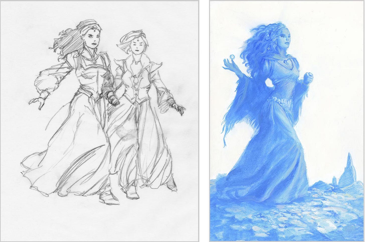 A pair of pencil sketches side by side. LEFT: Moiraine and Nynaeve are posed in flowing dresses. Both take steps forward. Moiraine's hair is long and flowing. The right sleeve of her dress puffs with motion. She's seen in angled profile while Nynaeve is facing forward. RIGHT: Blue pencil sketch of Moiraine in long dress striding across the cave floor. Her arms are out, draped with a shawl.