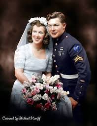 WW2 Colourised Photos - Does anyone know who this handsome couple might be  ? An unknown US Marine Corporal with his bride on their wedding day in  1943. He is with the