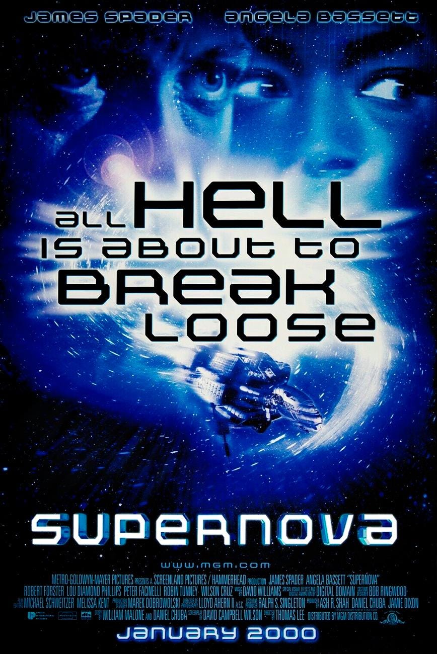 "Supernova" movie poster, featuring a spaceship floating in space