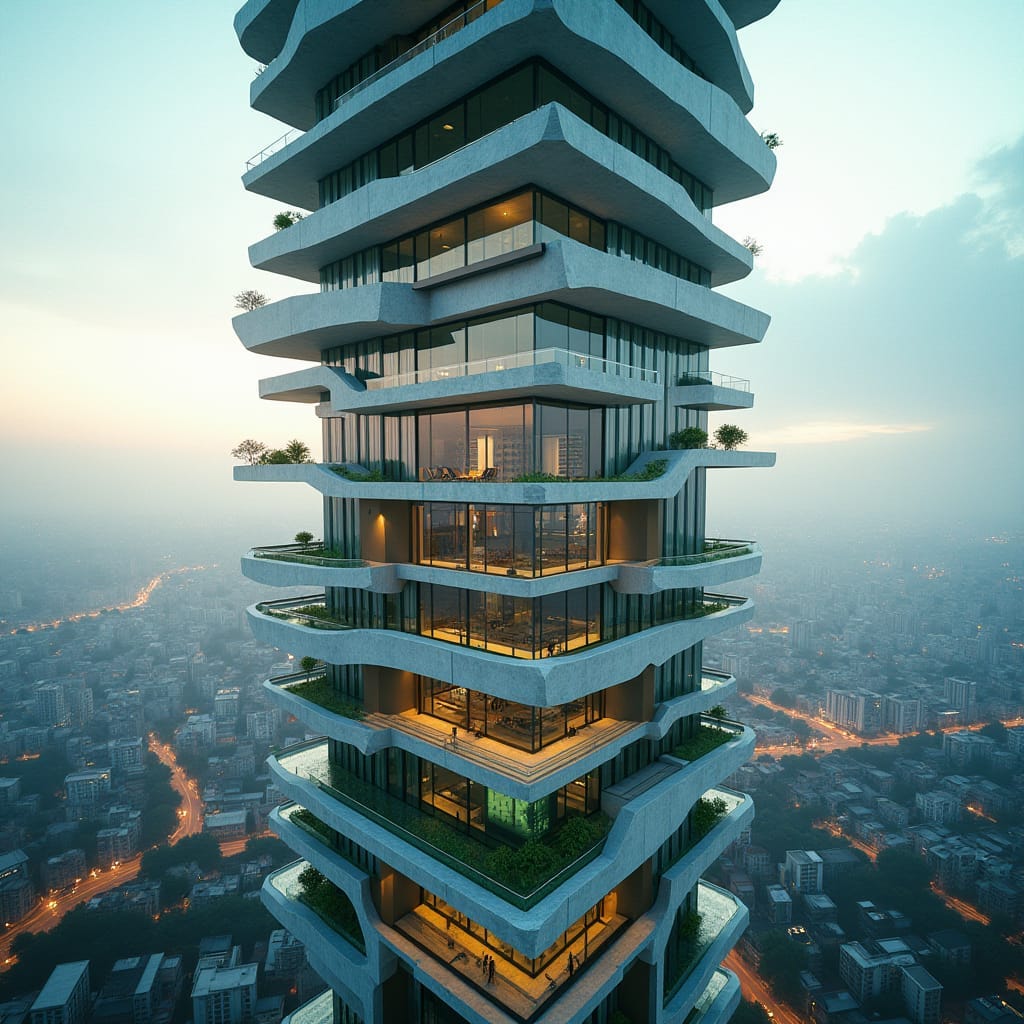 A sleek, modern Jamaican skyscraper rises in the heart of Kingston, its facade a labyrinth of glass, concrete, and protruding platforms at varying levels, with multiple tiers of shimmering pools reflecting the vibrant cityscape.