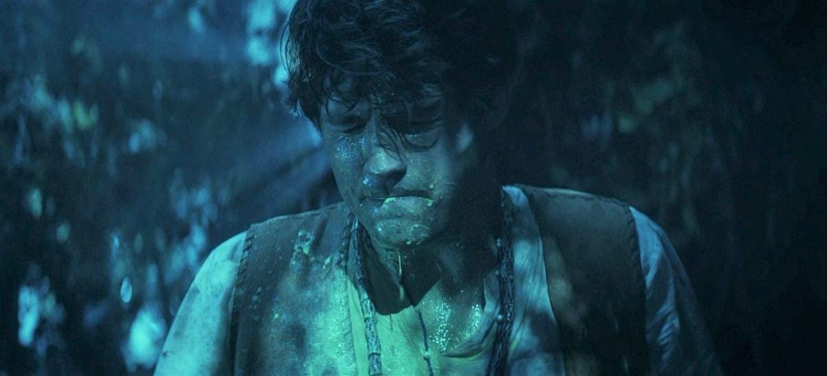 Drake Rodger covered in green sap slime in The Winchesters SPN. Drake Rodger covered in green sap slime in The Winchesters SPN.