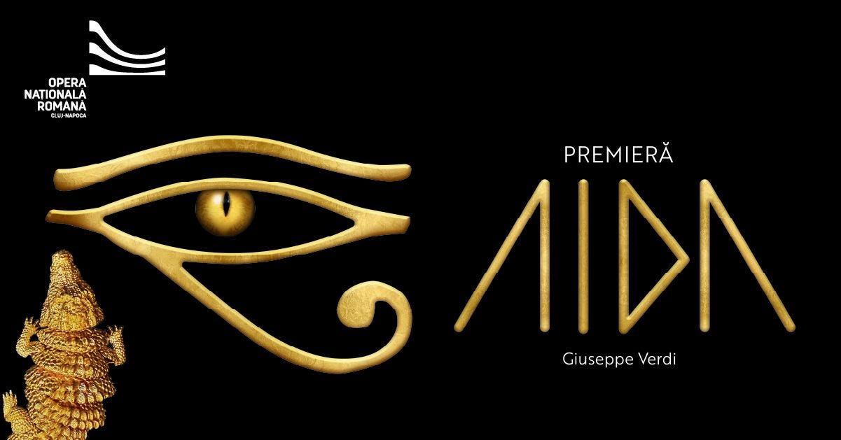 May be a graphic of text that says "OPERA NATIONALA ROMANA 10 CLUA M LUs NAPOCA PREMIERĂ AIDA Giuseppe Verdi"