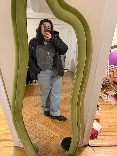 seven different outfit photos taken in front of a mirror