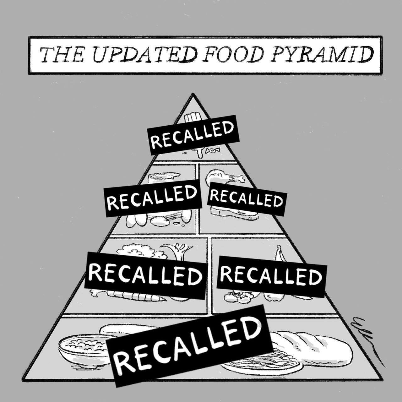 The heading reads “The Updated Food Pyramid.” Each space in the conventional food pyramid is obscured with a black bar... The heading reads “The Updated Food Pyramid.” Each space in the conventional food pyramid is obscured with a black bar...
