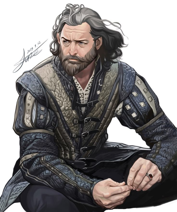 This may contain: a drawing of a man in armor sitting on the ground