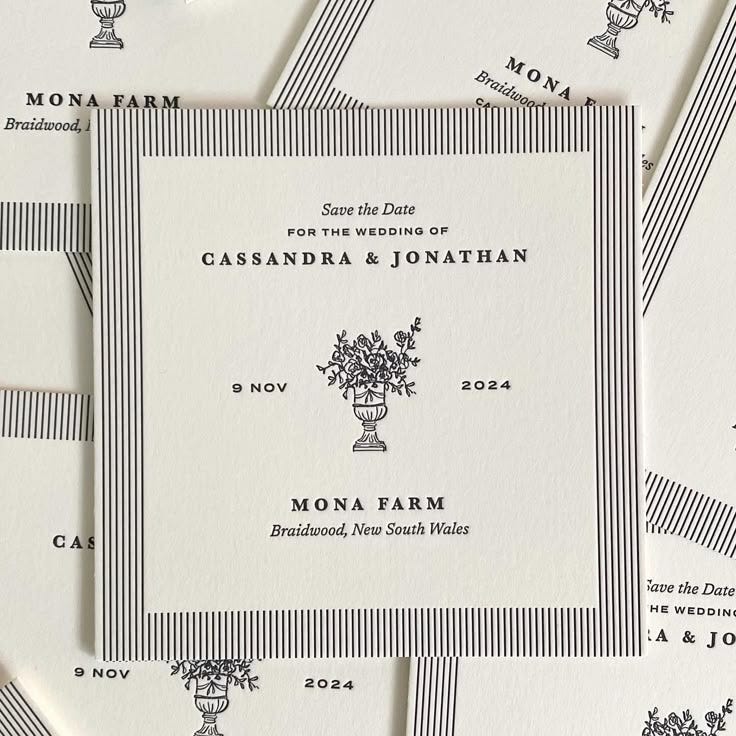 This may contain: the wedding stationery is laid out on top of each other, with flowers in vases