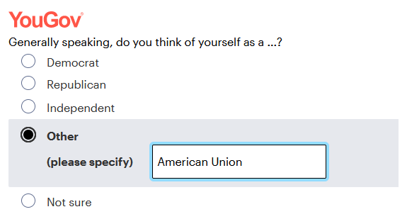 A screenshot of a Yougov survey shows support for the American Union A screenshot of a Yougov survey shows support for the American Union