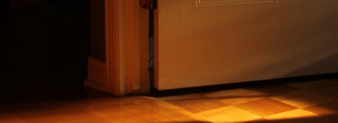 a cat sitting on the floor in front of a door