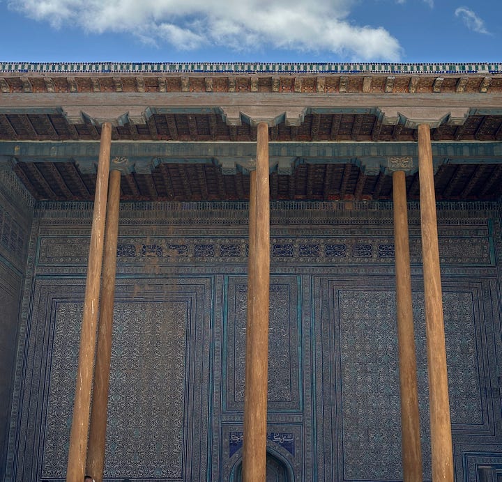 A throne room at Kuhna Ark. an interior courtyard at the Toshhovli, and the interior of the mausoleum