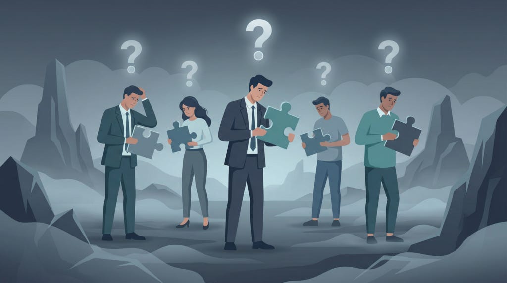 A group of confused professionals holding mismatched puzzle pieces in a foggy landscape.