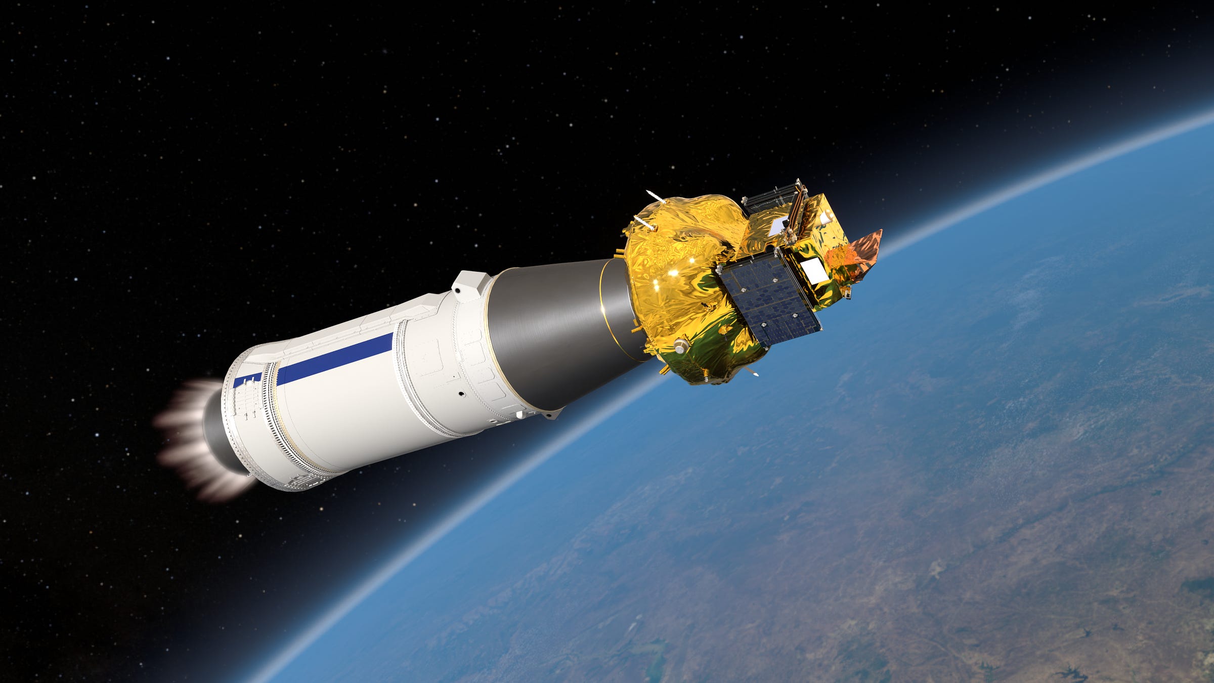 A render of SMILE during its launch atop of Vega-C during third-stage flight.