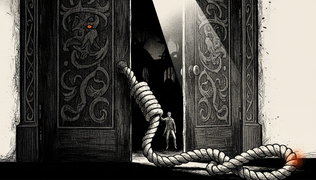 Noir illustration of a heavy ornate wooden double door standing ajar. A thick coiled rope snakes out of the darkness beyond it, across the threshold and out of frame towards the viewer. A small anonymous figure in a suit stands in the shadowed gap between the doors. One carved panel holds a single glowing orange eye. Noir illustration of a heavy ornate wooden double door standing ajar. A thick coiled rope snakes out of the darkness beyond it, across the threshold and out of frame towards the viewer. A small anonymous figure in a suit stands in the shadowed gap between the doors. One carved panel holds a single glowing orange eye.
