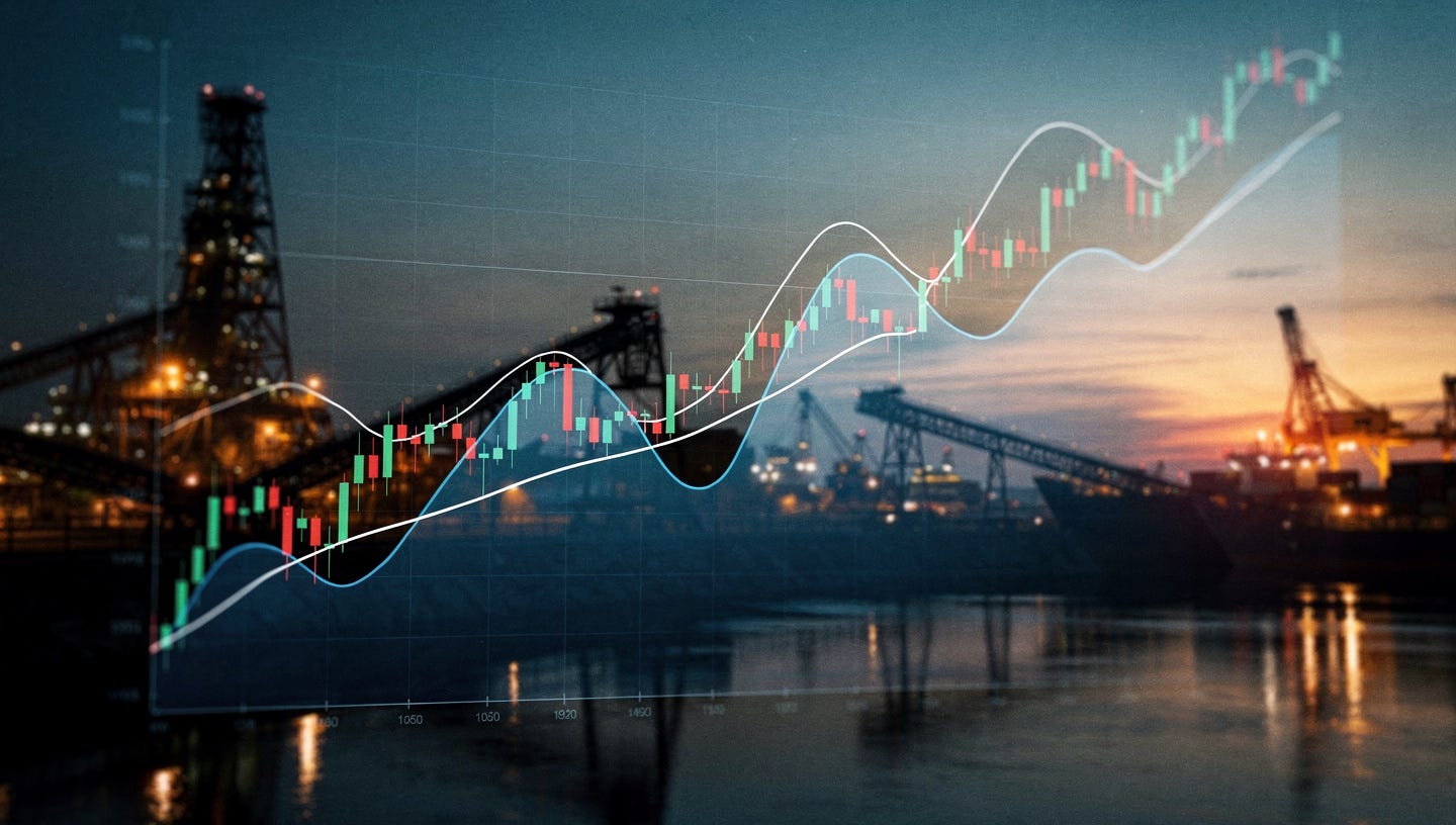 Photorealistic wide-format blog header image. A dramatic stock market chart with a long-term moving average line cutting through cyclical price waves, overlaid on a blurred background of an industrial landscape — steel factory, mining equipment, or cargo ships at dusk. Warm amber and deep blue color palette. Professional financial editorial style. Cinematic lighting, high contrast. No text, no logos. 16:9 aspect ratio.