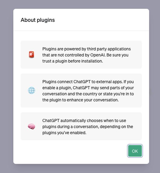 Screenshot of ChatGPT's About Plugins screen Screenshot of ChatGPT's About Plugins screen