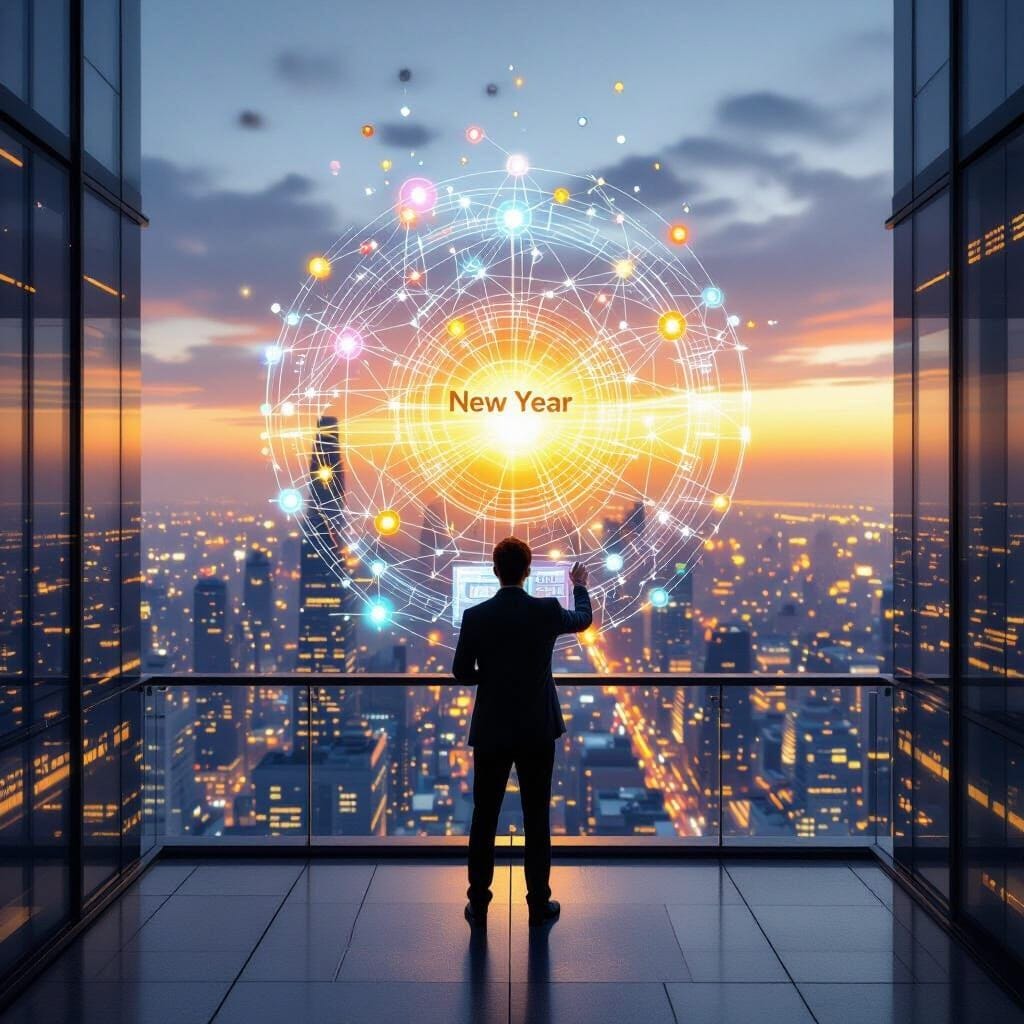 Futuristic concept art, wide angle. A tech visionary stands on the balcony of a high-rise glass office at dawn, overlook…