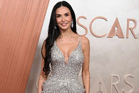  Left: Woman with long black hair wearing red dress and black gloves smears lipstick on her face. Middle: Woman with gray hair and wrinkles. Right: Woman with long black hair wearing a sparkly evening gown.