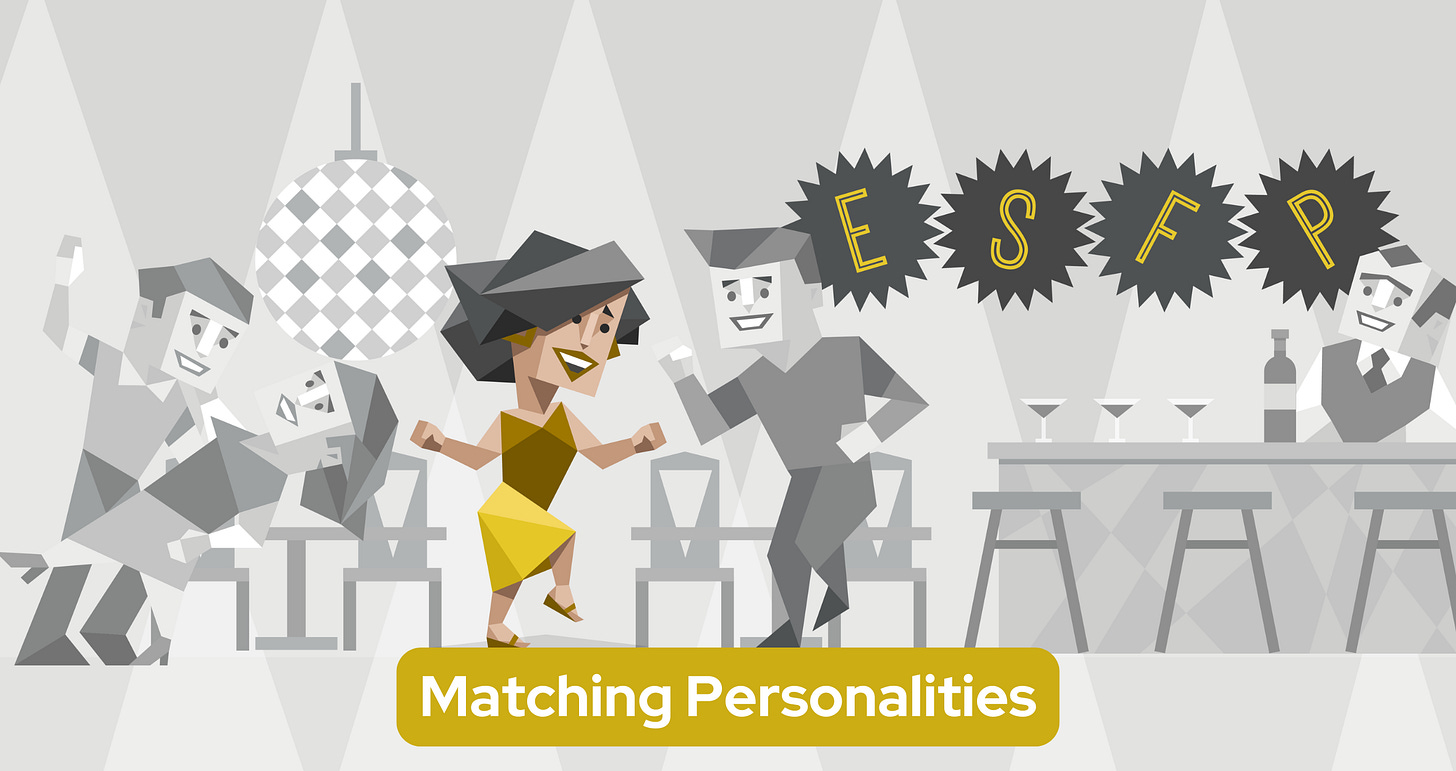 A lively ESFP woman wearing a yellow dress joyfully dances in the center of the dance floor. Around her, grayscale people dance while a bartender watches on with drinks lined up on the bar top. To her right, the letters "ESFP" are prominently displayed.