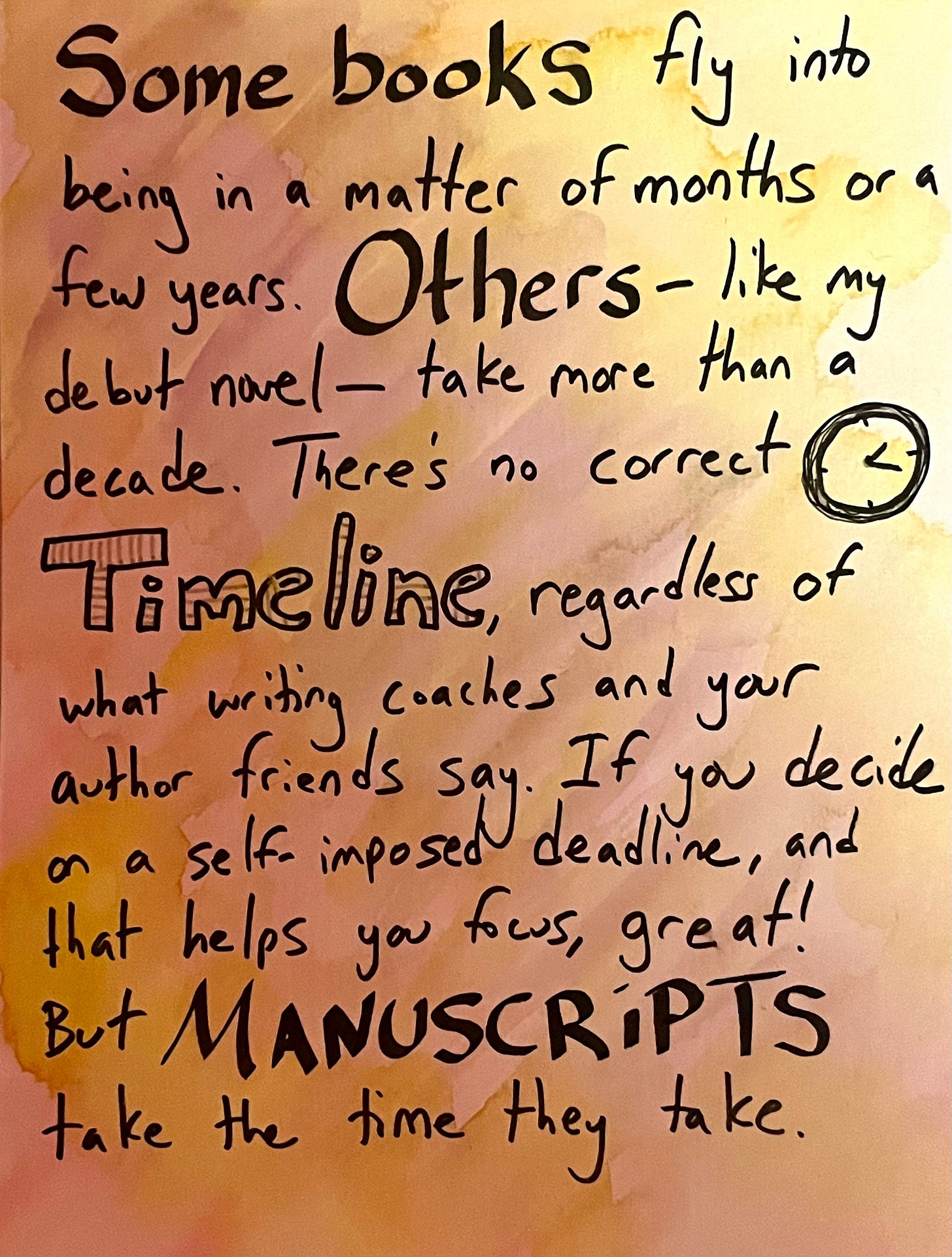 Handlettered image that says:  Some books fly into being in a matter of months or a few years. Others—like my debut novel—take more than a decade. There’s no correct TIMELINE, regardless of what writing coaches and your author friends say. If you decide on a self-imposed deadline, and that helps you focus, great. But manuscripts take the time they take. 