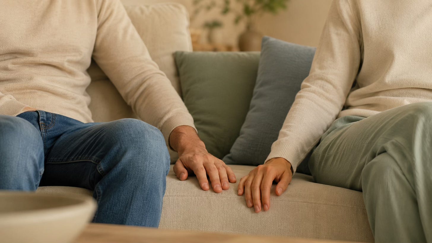 Two people sitting calmly side by side, representing steadier connection and emotional safety in relationships.