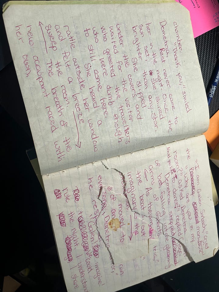 handwritten printed words in maroon ink on brittle wide-ruled paper