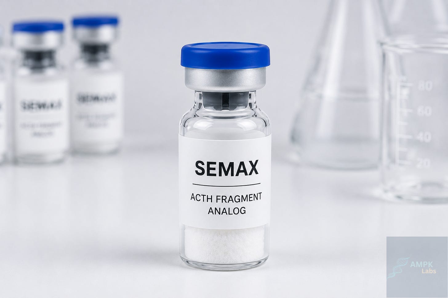 **Alt text**  Close up laboratory photo of a glass vial labeled “SEMAX – ACTH Fragment Analog,” containing white lyophilized powder, with a blue cap and softly blurred laboratory glassware in the background.