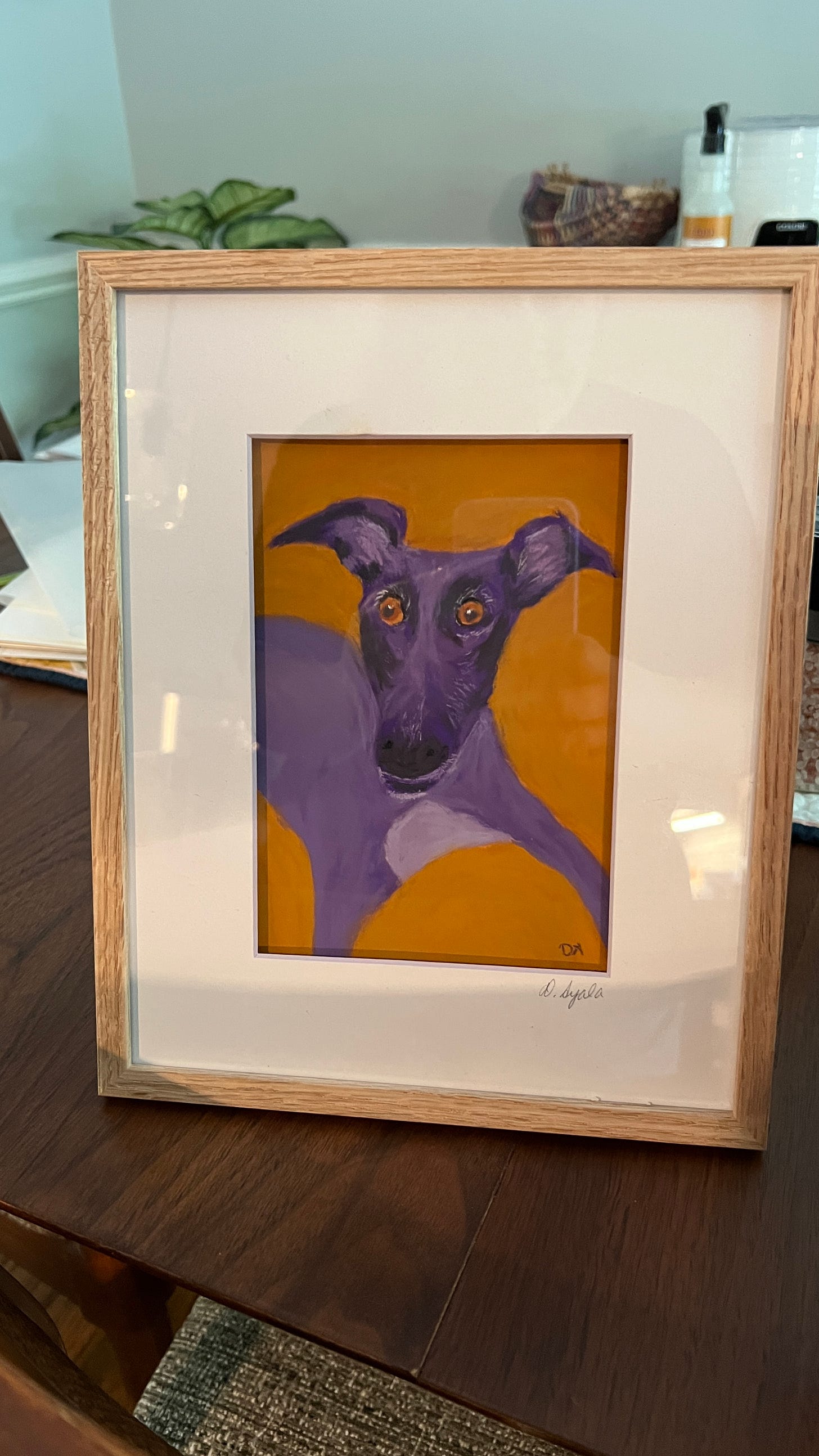 a soft pastel painting of a purple greyhound on a mustard background with crazy eyes