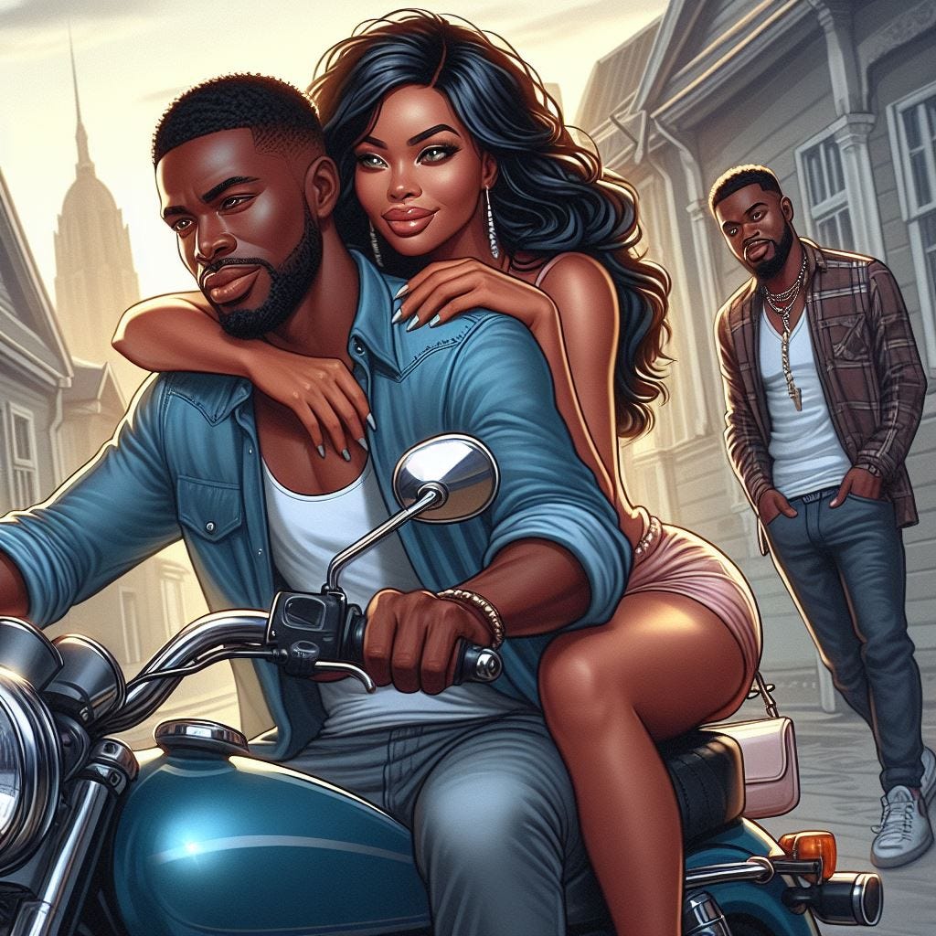 um casal bonito andando de moto, com o homem guiando e uma mulher linda na garupa, e outro homem observando de longe com inveja