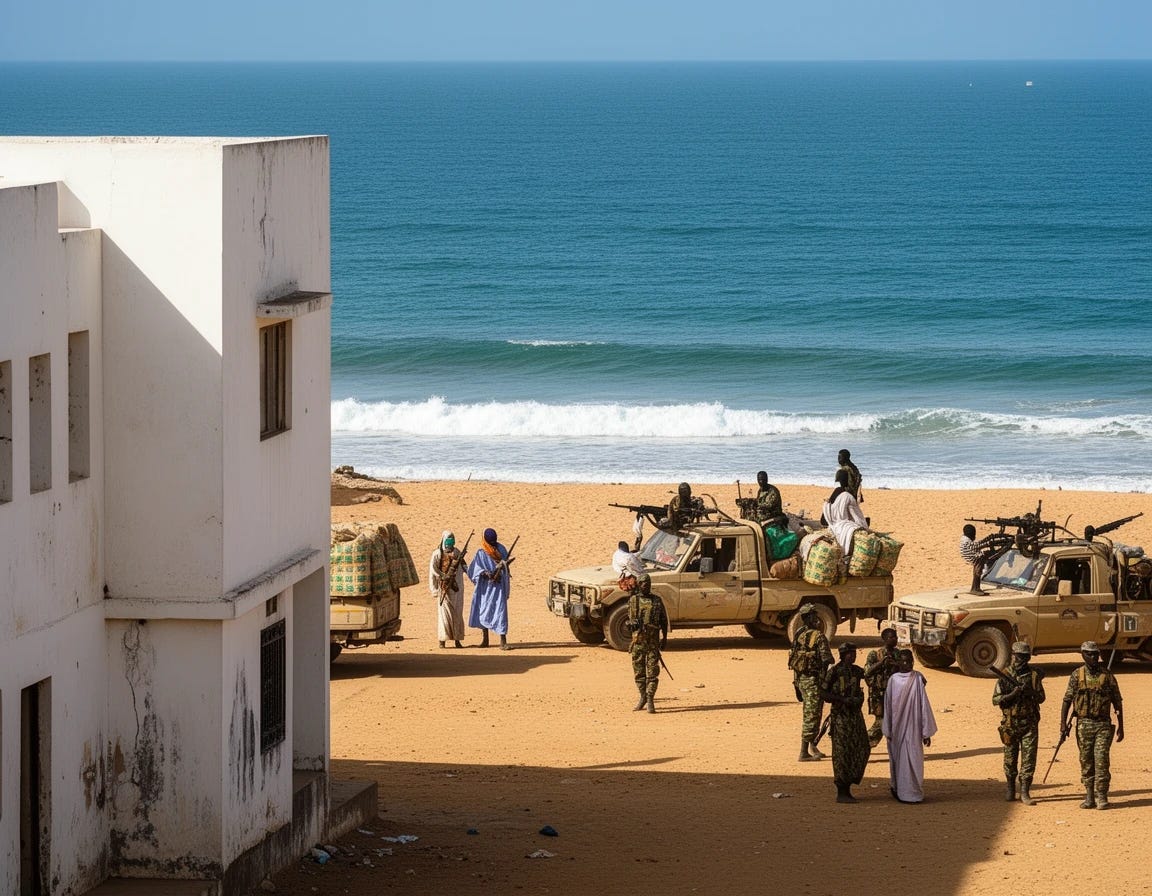 Mogadishu Somalia with bleached white building near the beach, and bands of armed somalian militants roaming around in pick up trucks with machine guns
Mogadishu Somalia with bleached white building near the beach, and bands of armed somalian militants roaming around in pick up trucks with machine guns