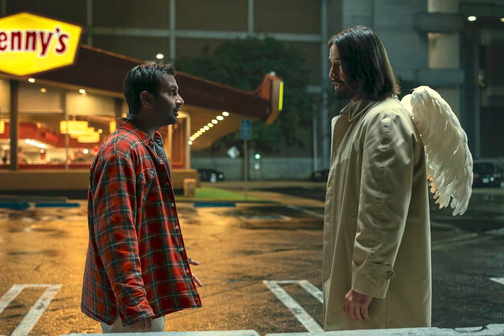 Still from the film "Good Fortune" - Aziz Ansari, left, talks to Keanu Reeves in a Denny's parking lot