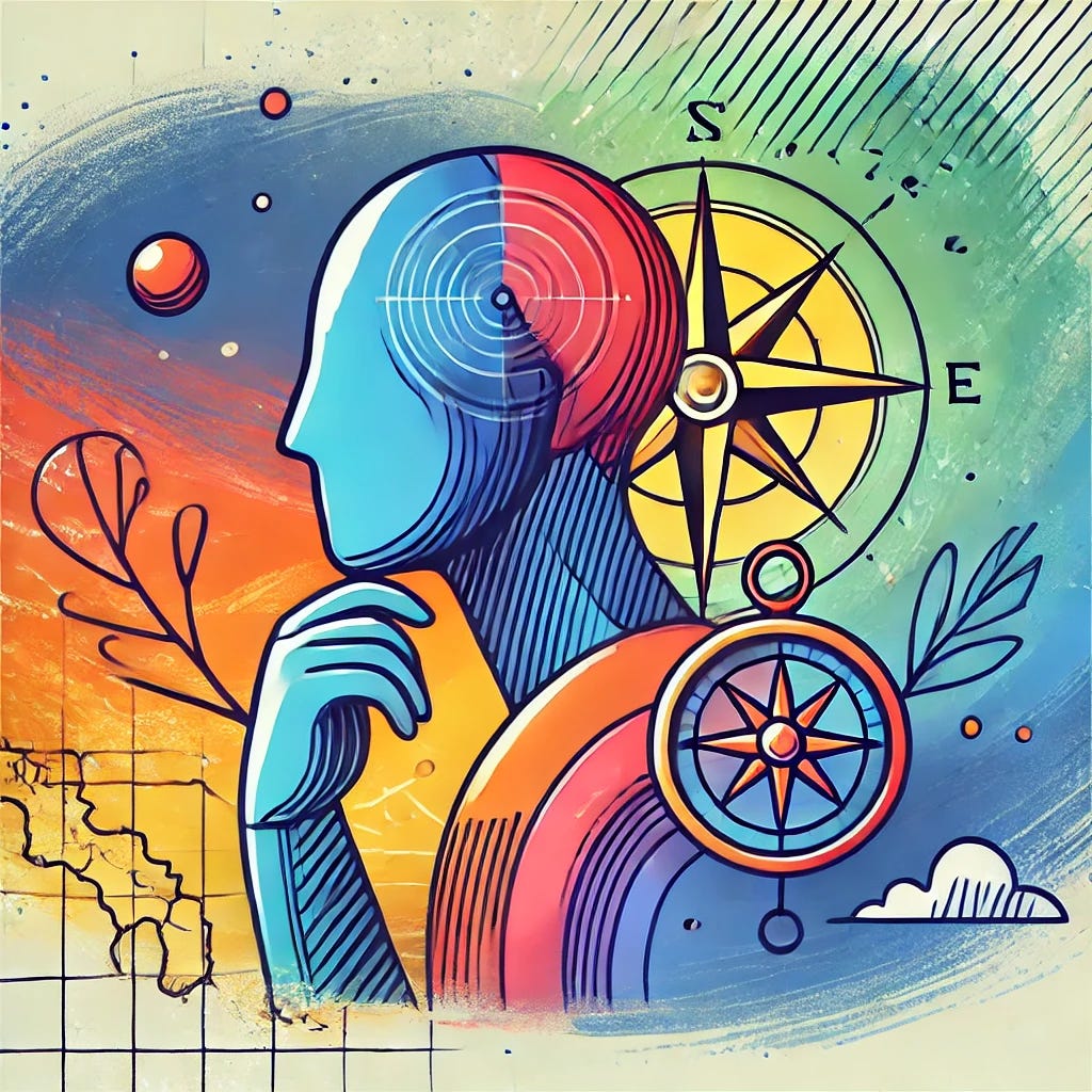 A colorful, hand-drawn illustration style showing a person in deep reflection, using symbolic elements like a compass and a faint map background to represent direction and discernment in life. The colors are vibrant but calming, giving a sense of peaceful introspection.