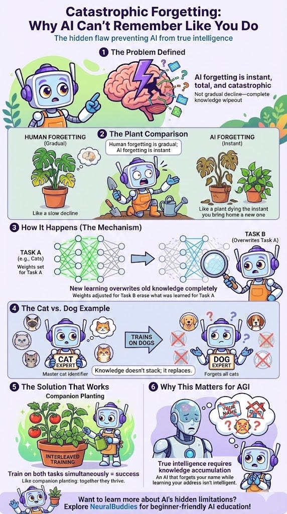 An infographic titled "Catastrophic Forgetting: Why AI Can't Remember Like You Do," featuring a friendly robot character. It uses six visual sections to explain how AI instantly loses old knowledge when learning new tasks. Visual metaphors include a withering plant, overwriting neural network weights, and a "Cat Expert" robot forgetting cats after learning about dogs. It concludes with a solution called "Interleaved Training" represented by companion planting.