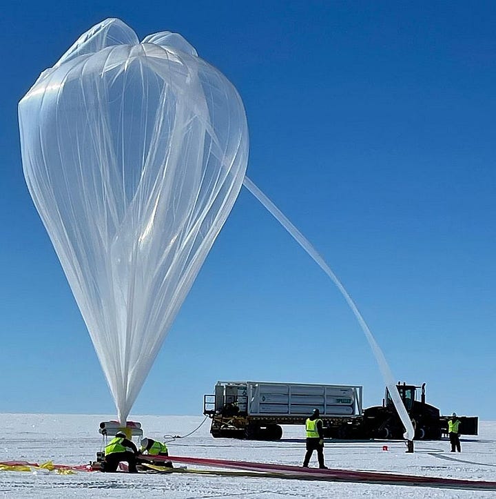 The balloon for LAURA (Long durAtion evalUation solaR hand LAunch) being inflated at the Long Duration Balloon camp near McMurdo station. At right, the final flight path of the balloon (Images: NASA)